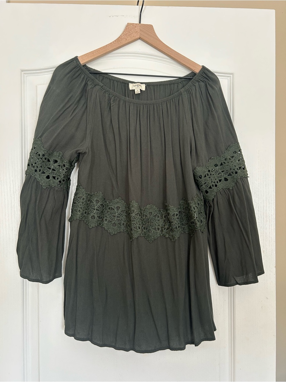 Umgee Olive Green Crochet-Trim Peasant Blouse